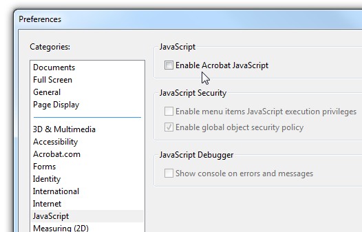 Disable JavaScript in Adobe Reader - Security Fix