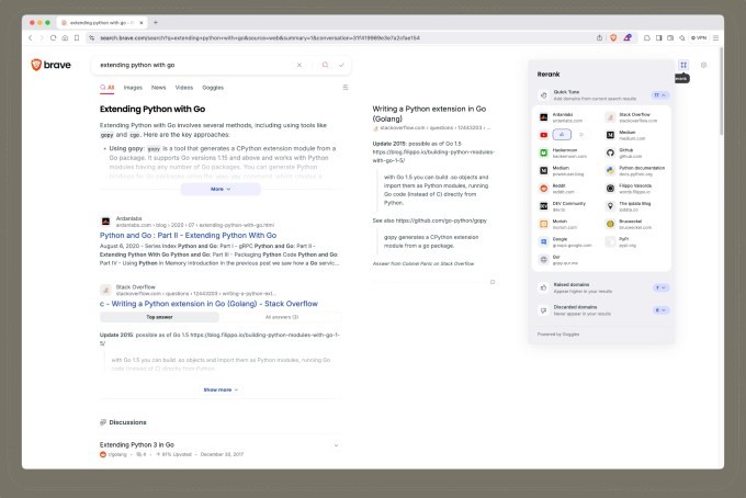 brave will allow you to tune search results with upvotes and downvotes