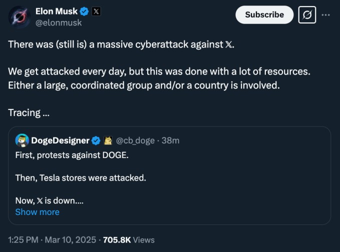 elon musk says x is down due to cyberattacks