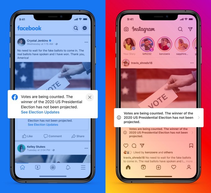 facebook and instagram notifications warn us users there’s no winner yet in presidential election