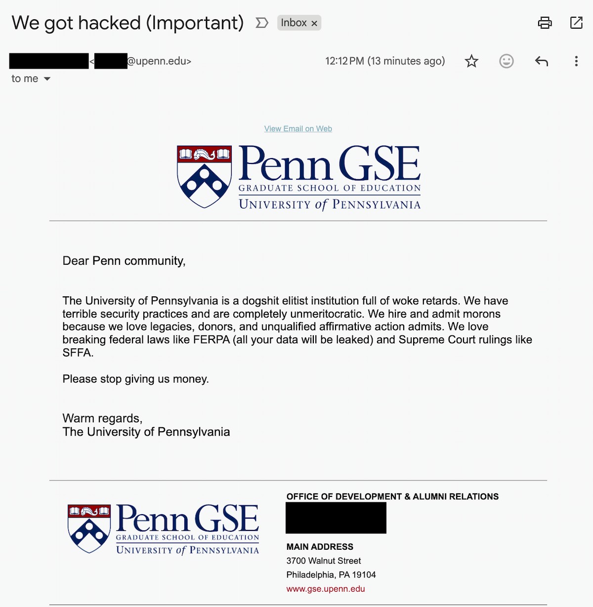 hackers threaten to leak data after breaching university of pennsylvania to send mass emails