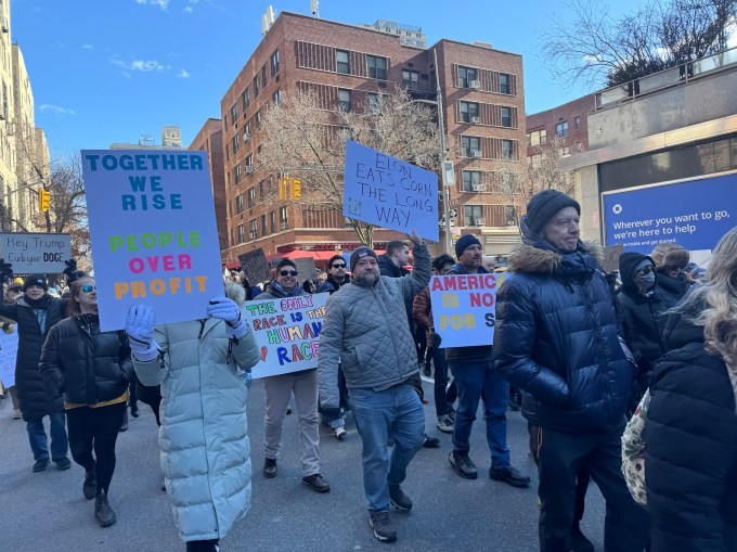 thousands protest elon musk’s doge in nyc on presidents’ day