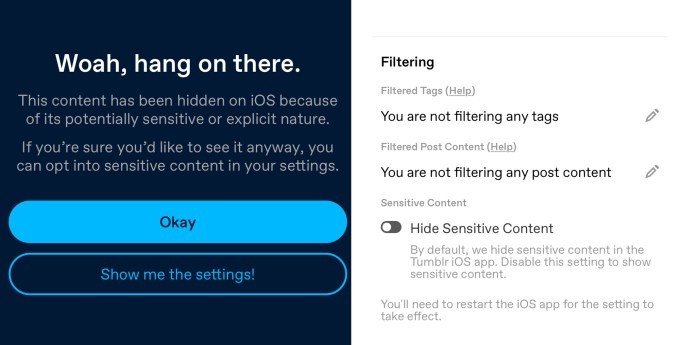 tumblr adds a sensitive content toggle on ios to comply with app store rules