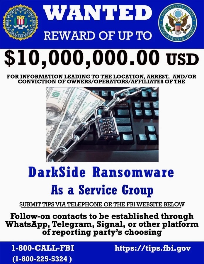 us government offers $10m bounty for darkside ransomware hackers