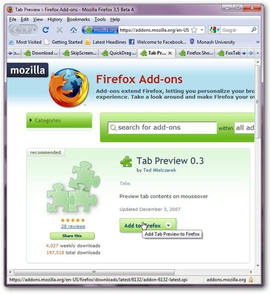 Firefox Tab Preview: Preview Tabs with Tab Preview 0.3