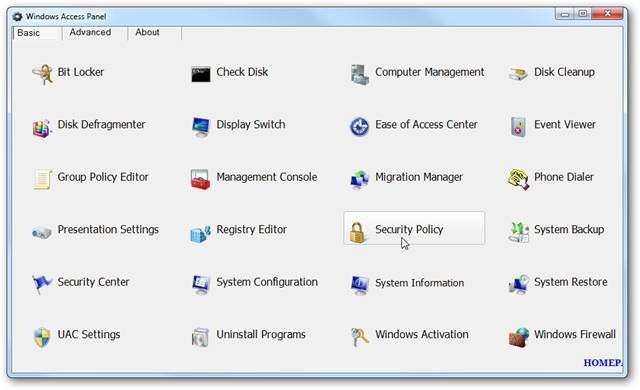 Windows Access Panel - Launch Utilities Faster
