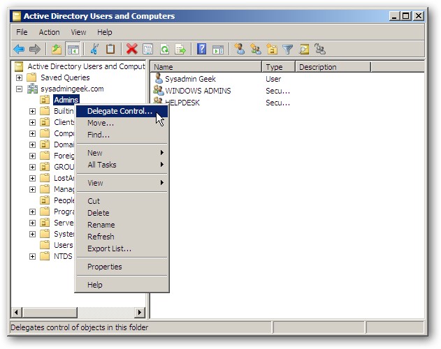 Server 2008 Delegation of Control Wizard - Assign Permissions
